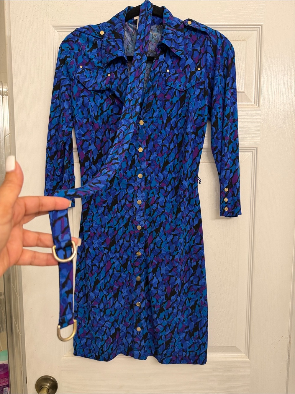 Cache Blue and Black Long-Sleeve Shirt Dress with Tie Belt
